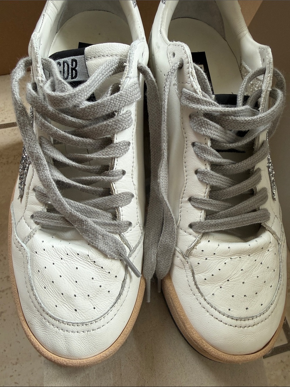 Golden Goose White Leather Sneakers with Silver Glitter Heel Accents - Picture 6 of 6